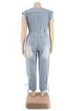 Dark Blue Fashion Casual Solid With Belt O Neck Plus Size Jumpsuits