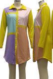 Pink Casual Color Block Patchwork Turndown Collar Shirt Dress Dresses