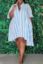 Blue Casual Striped Print Patchwork Buckle Turndown Collar Shirt Dress Plus Size Dresses