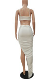 White Sexy Solid Patchwork Fold Halter Sleeveless Two Pieces
