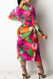 Gele sexy print uitgeholde patchwork frenulum split O-hals rechte jurken