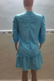 Light Blue Casual Solid Flounce O Neck Cake Skirt Dresses