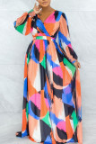 Vestidos multicoloridos elegantes com estampa patchwork frênulo sem costas com decote em V de manga comprida