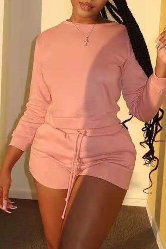 Pink Fashion Casual Solid Basic O Neck Long Sleeve Two Pieces