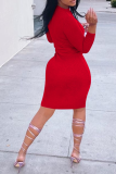 Rojo sexy sólido patchwork medio cuello alto lápiz falda vestidos