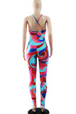 Red Blue Sexy Print Patchwork Spaghetti Strap Skinny Jumpsuits
