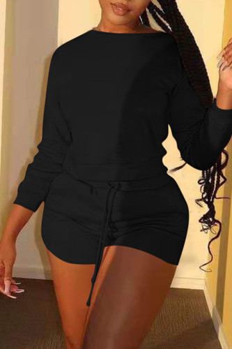 Black Fashion Casual Solid Basic O Neck Long Sleeve Two Pieces