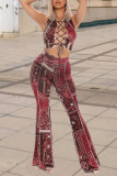 Red Sexy Print Hollowed Out Patchwork Frenulum O Neck Sleeveless Two Pieces (Contain The Scarf)