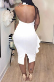 White Sexy Solid Patchwork Backless Flounce Slit Halter Pencil Skirt Dresses