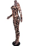 Imprimé léopard imprimé sexy évidé hors de l'épaule combinaisons maigres