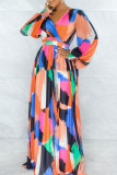 Robes à manches longues et col en V, imprimé multicolore élégant, Patchwork Frenulum, dos nu