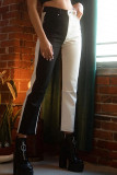Jeans preto casual sólido patchwork contraste cintura alta regular
