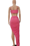 Rose Red Sexy Solid Patchwork Fold Halter Sleeveless Two Pieces