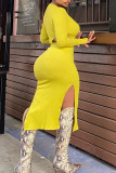 Yellow Sexy Solid Hollowed Out Patchwork Slit Zipper V Neck Long Sleeve Dresses