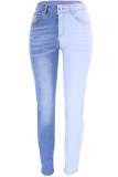 Blå Casual Solid Patchwork Kontrast Vanliga jeans med hög midja