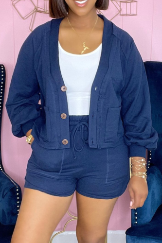 Cream White Casual Solid Buckle Long Sleeve Two Pieces