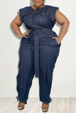 Baby Blue Fashion Casual Solid With Belt O Neck Plus Size Jumpsuits
