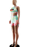 Pink Green Casual Print Tie Dye Patchwork O Neck Sleeveless Two Pieces