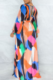Vestidos multicoloridos elegantes com estampa patchwork frênulo sem costas com decote em V de manga comprida