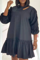 Black Casual Solid Flounce O Neck Cake Skirt Dresses