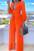 Tangerine Red Casual Solid Patchwork Buttons Turndown Collar Straight Jumpsuits