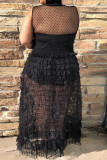 Vestido de malla de cuello alto transparente de patchwork sólido sexy negro de talla grande de dos piezas