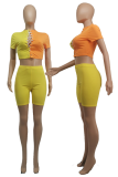 Yellow Sexy Solid Patchwork Half A Turtleneck Short Sleeve Two Pieces