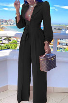 Black Casual Solid Patchwork Buttons Turndown Collar Straight Jumpsuits