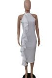 White Sexy Solid Patchwork Backless Flounce Slit Halter Pencil Skirt Dresses