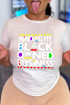 Weiße, lässige Patchwork-T-Shirts mit O-Ausschnitt und Buchstabendruck