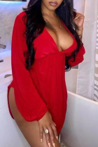 Vestido irregular con escote en V y abertura alta en color rojo sexy Vestidos