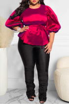 Red Casual Solid Patchwork O Neck Plus Size Tops