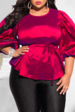 Red Casual Solid Patchwork O Neck Plus Size Tops
