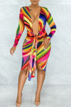 Robes jupe crayon asymétrique à col en V, imprimé multicolore, Sexy, Bandage, Patchwork