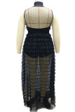 Zwarte sexy effen patchwork doorschijnende coltrui mesh jurk plus size twee stukken