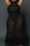 Robe noire sexy en maille à col roulé transparente, couleur unie, patchwork, grande taille, deux pièces