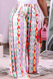 Ljusrosa Mode Casual Print Basic Vanliga byxor med vida ben med hög midja