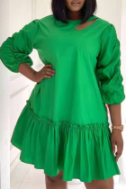 Green Casual Solid Flounce O Neck Cake Skirt Dresses