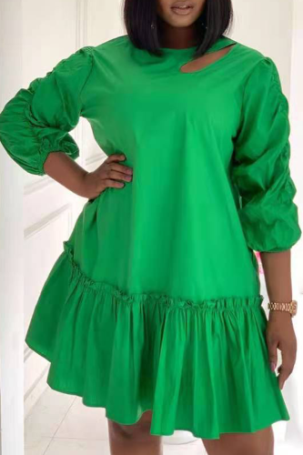 Зеленые повседневные однотонные платья с оборками и юбкой-торт с круглым вырезом