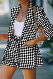 Black Casual Plaid Print Patchwork Turn-back Collar Long Sleeve Two Pieces