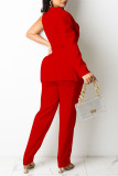 Red Work Solid Patchwork With Belt V Neck Long Sleeve Two Pieces