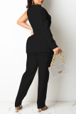 Black Work Solid Patchwork With Belt V Neck Long Sleeve Two Pieces