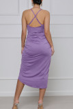 Purple Elegant Solid Patchwork Fold Asymmetrical Spaghetti Strap Sling Dress Dresses