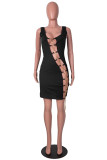 Black Sexy Solid Hollowed Out Chains U Neck Sleeveless Dress