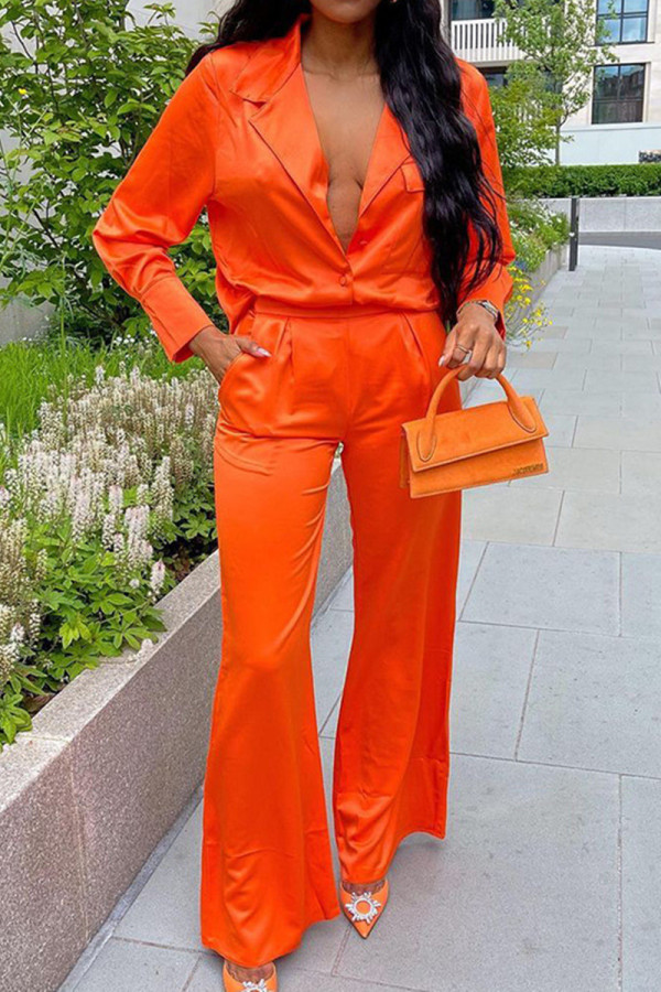 オレンジ ファッション カジュアル 無地 ベーシック ターンダウンカラー 長袖 ツーピース