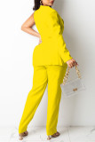 Yellow Work Solid Patchwork With Belt V Neck Long Sleeve Two Pieces