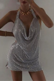 Серебряное модное сексуальное платье без рукавов со стразами и открытой спиной