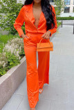 オレンジ ファッション カジュアル 無地 ベーシック ターンダウンカラー 長袖 ツーピース