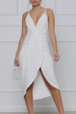 ホワイト エレガント ソリッド パッチワーク フォールド 非対称スパゲッティ ストラップ スリング ドレス ドレス
