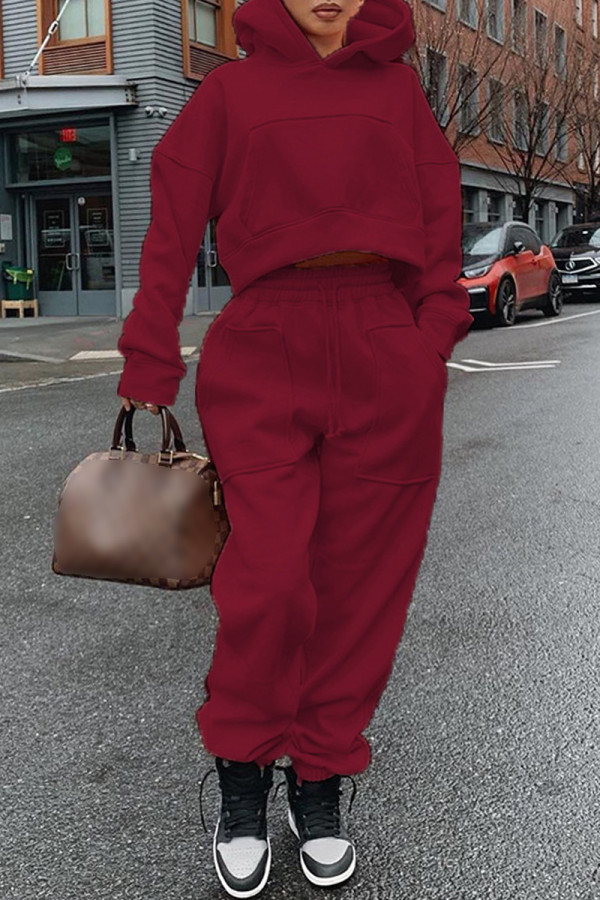Бордовый модный повседневный однотонный базовый воротник с капюшоном с длинным рукавом из двух частей